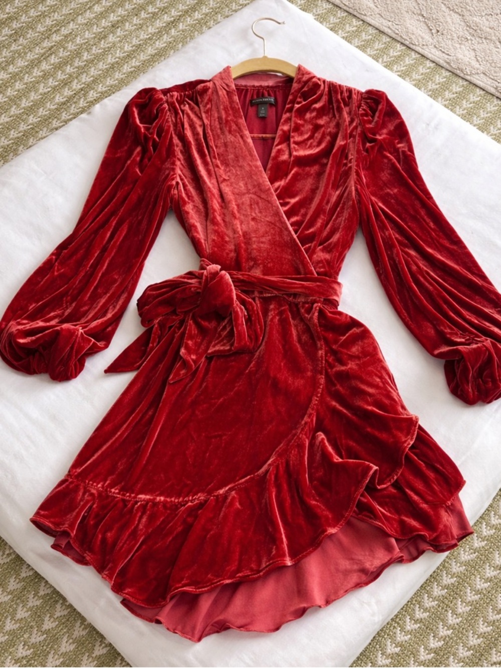 Banana Republic Velvet Wrap Dress Red Ruffle Hem Long Sleeve Small